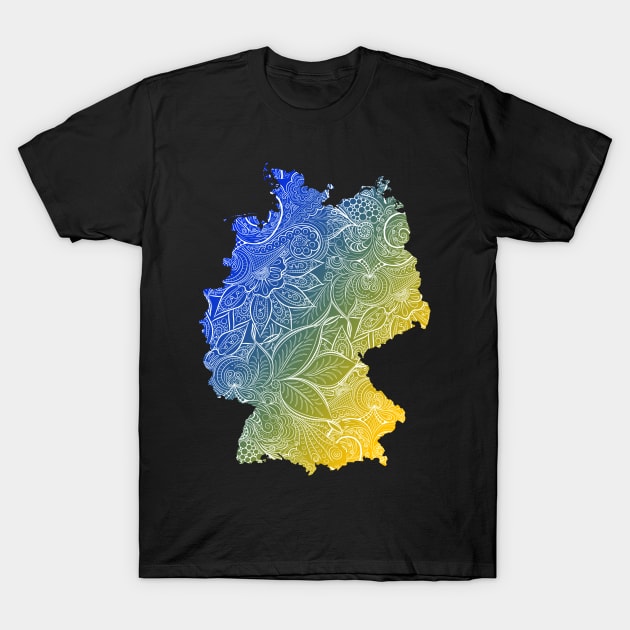 Colorful mandala art map of Germany with text in blue and yellow T-Shirt by Happy Citizen